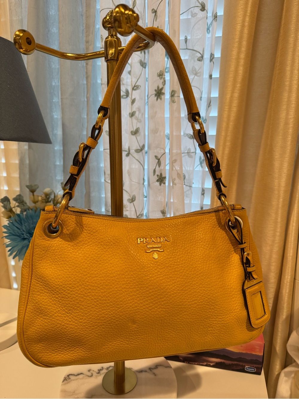 Prada Mustard Yellow Pebbled Leather Shoulder Bag
